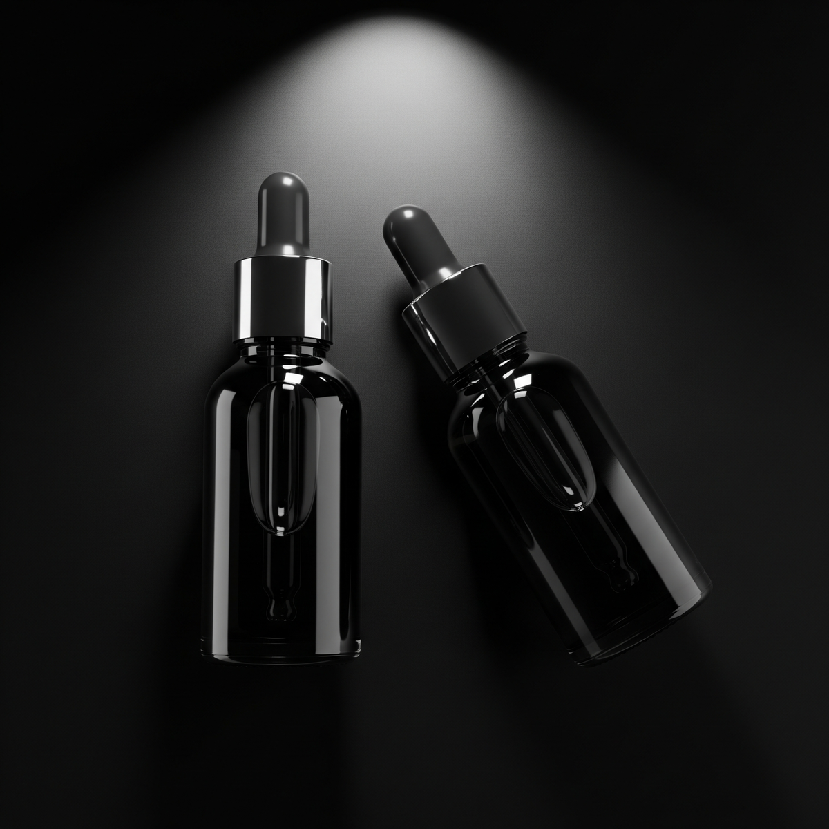 Two black glass dropper bottles on a dark background with spotlight effect.