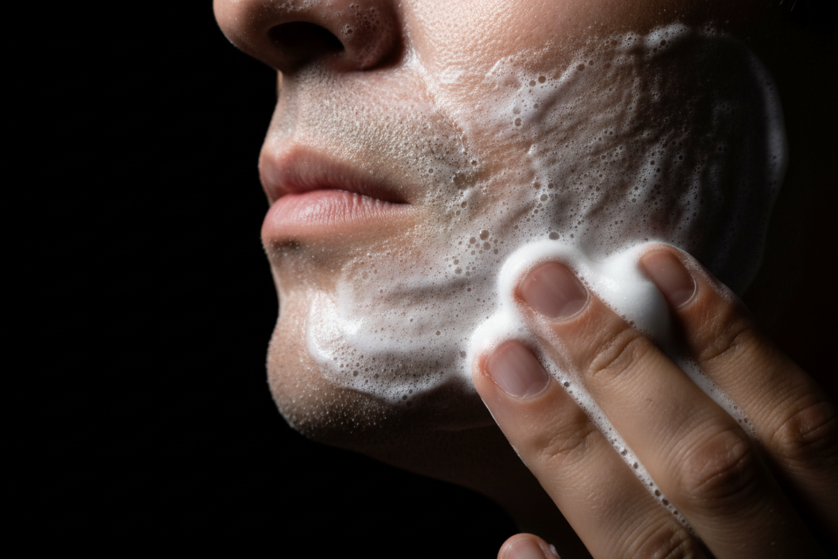 Extreme close-up with spotlight on black background